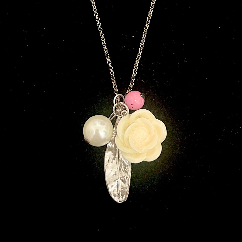 American Eagle Long Dangle Rose Necklace: Pink & pearl beads, silver plate leaf